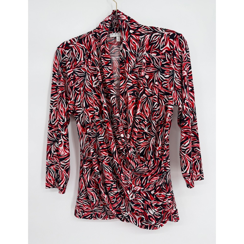 Chaus New York Womens Red Black White Abstract Leaf Print Surplice Wrap Top Sz L